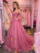 Fuchsia Tulle Long Sleeve Appliques Prom Dress