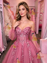 Fuchsia Tulle Long Sleeve Appliques Prom Dress