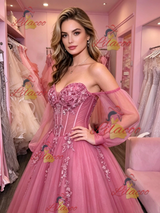 Fuchsia Tulle Long Sleeve Appliques Prom Dress