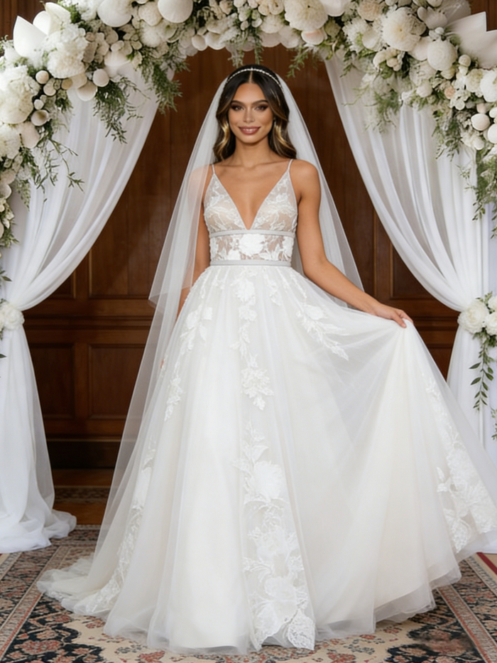 White Tulle Straps Appliques Wedding Dress