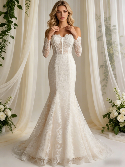 Beige White Mermaid Lace Long Sleeve Wedding Dress