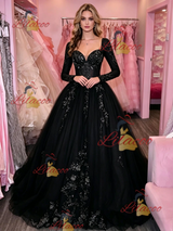 Black Tulle Long Sleeve Appliques Prom Dress