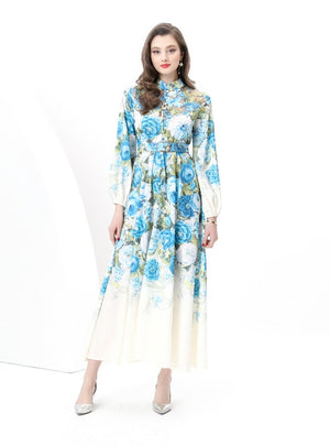 Retro Stand-up Collar Breasted Stitching Printed Long Dress