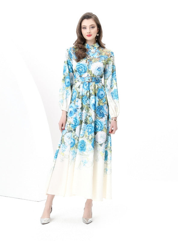 Retro Stand-up Collar Breasted Stitching Printed Long Dress