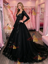 Black Tulle Long Sleeve Appliques Prom Dress
