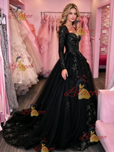Black Tulle Long Sleeve Appliques Prom Dress