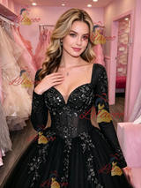 Black Tulle Long Sleeve Appliques Prom Dress
