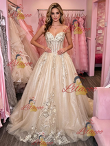 Cahmapgne Tulle Appliques Strapless Prom Dress