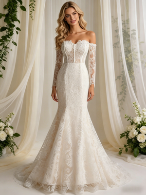 Beige White Mermaid Lace Long Sleeve Wedding Dress