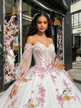 White Tulle Long Sleeve Appliques Quinceanera Dress
