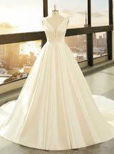White Satin V-neck Backless Wedding Dress