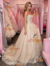 Cahmapgne Tulle Appliques Strapless Prom Dress