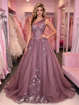 Purple Tulle One Shoulder Appliques Prom Dress