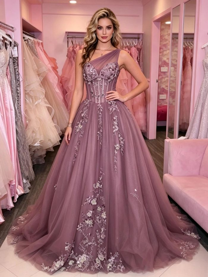 Purple Tulle One Shoulder Appliques Prom Dress