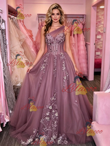 Purple Tulle One Shoulder Appliques Prom Dress