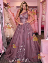 Purple Tulle One Shoulder Appliques Prom Dress