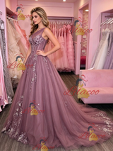 Purple Tulle One Shoulder Appliques Prom Dress