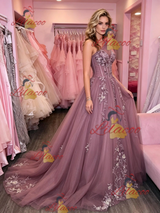 Purple Tulle One Shoulder Appliques Prom Dress
