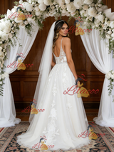 White Tulle Straps Appliques Wedding Dress