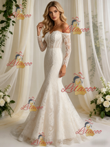 Beige White Mermaid Lace Long Sleeve Wedding Dress