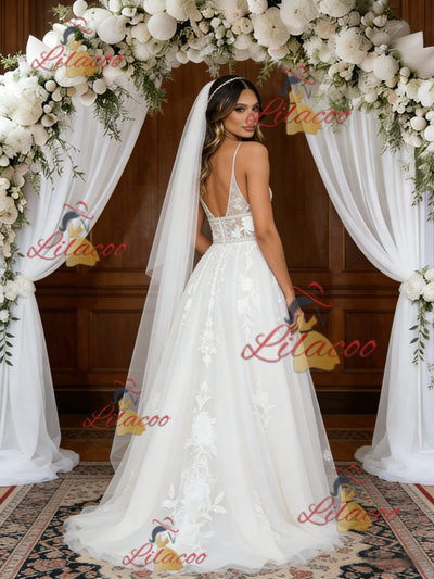White Tulle Straps Appliques Wedding Dress