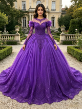 Purple Tulle Long Sleeve Appliques Quinceanera Dress