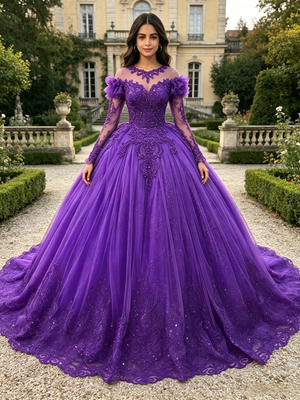 Purple Tulle Long Sleeve Appliques Quinceanera Dress