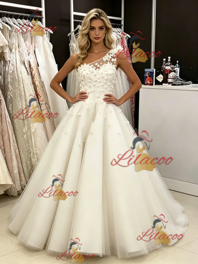 White Tulle One Shoulder Appliques Wedding Dress