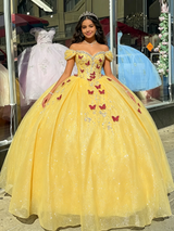 Yellow Sequins Off the Shoulder Appliques Quinceanera Dress