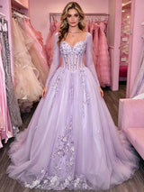Purple Tulle Long Sleeve Appliques Prom Dress
