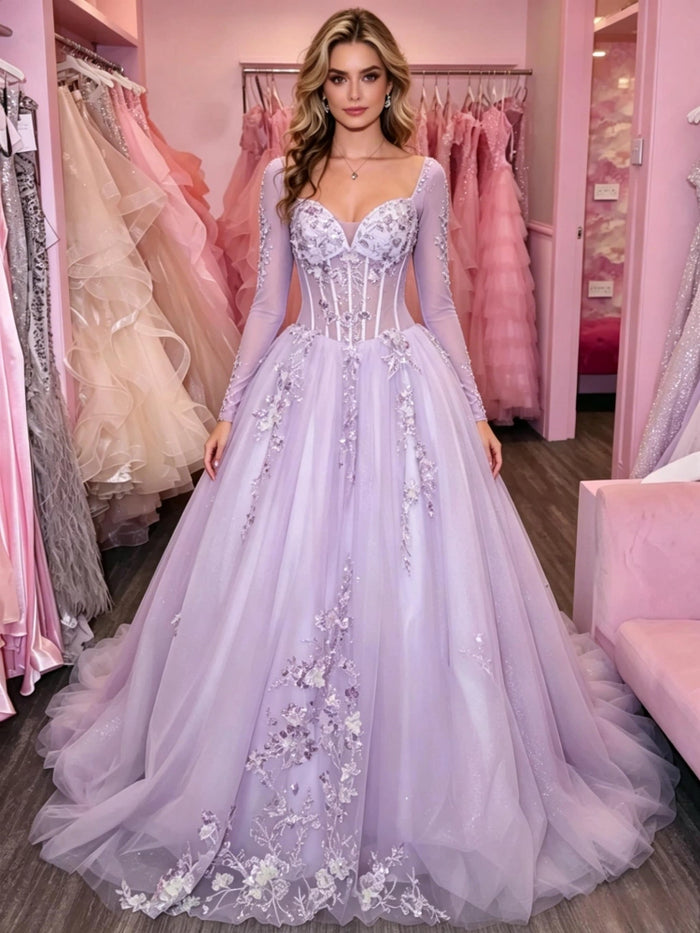 Purple Tulle Long Sleeve Appliques Prom Dress