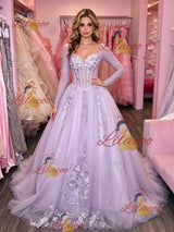 Purple Tulle Long Sleeve Appliques Prom Dress