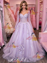 Purple Tulle Long Sleeve Appliques Prom Dress