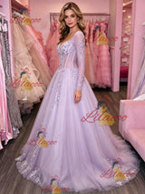 Purple Tulle Long Sleeve Appliques Prom Dress
