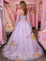 Purple Tulle Long Sleeve Appliques Prom Dress