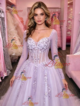 Purple Tulle Long Sleeve Appliques Prom Dress