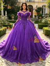 Purple Tulle Long Sleeve Appliques Quinceanera Dress