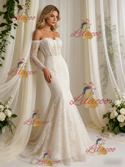 Beige White Mermaid Lace Long Sleeve Wedding Dress