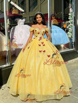 Yellow Sequins Off the Shoulder Appliques Quinceanera Dress