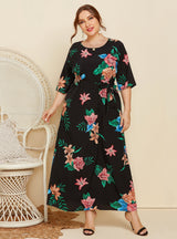 Round Neck Printed Loose Short Sleeve Dress