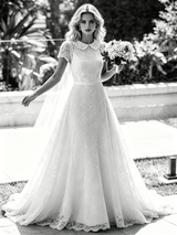 White Lace Short Sleeve Wedding Dress