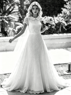 White Lace Short Sleeve Wedding Dress