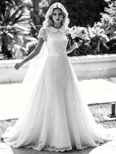 White Lace Short Sleeve Wedding Dress