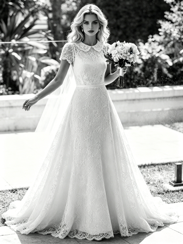 White Lace Short Sleeve Wedding Dress