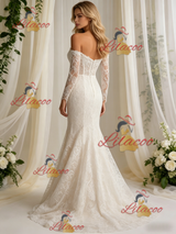Beige White Mermaid Lace Long Sleeve Wedding Dress