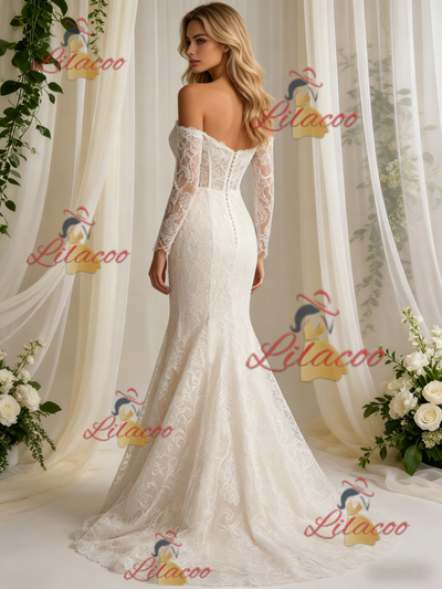 Beige White Mermaid Lace Long Sleeve Wedding Dress