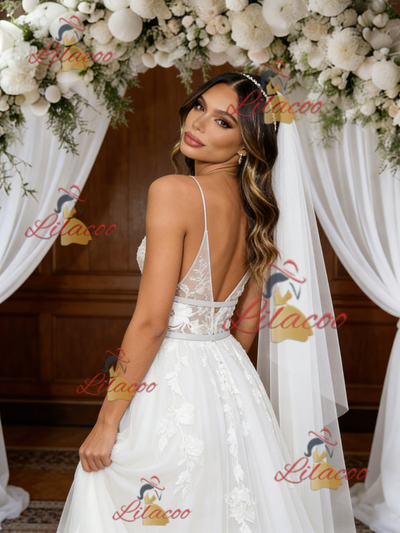 White Tulle Straps Appliques Wedding Dress