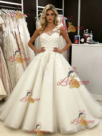 White Tulle One Shoulder Appliques Wedding Dress