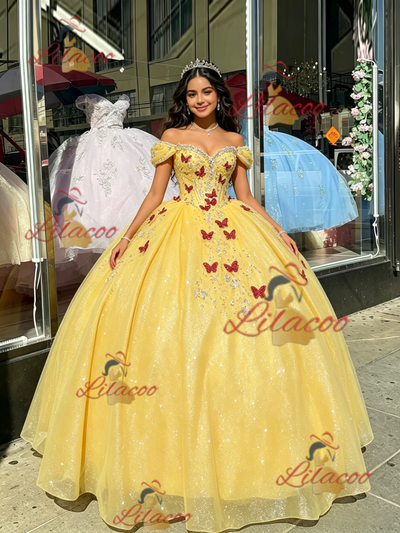 Yellow Sequins Off the Shoulder Appliques Quinceanera Dress