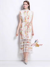 Openwork Lace Stitching Printed Dress